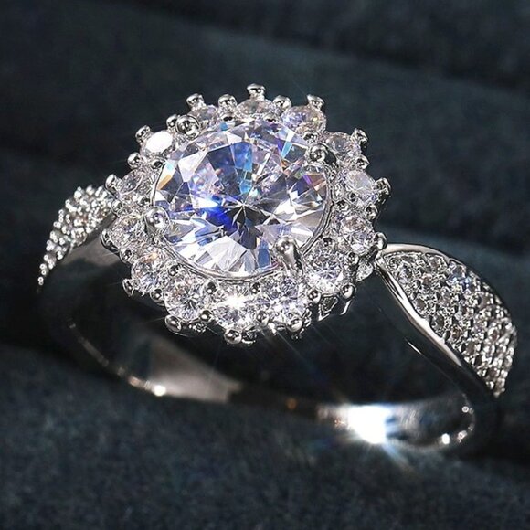 🌸925 SILVER MOISSANITE SUN FLOWER WEDDING/ENGAGEMENT RING WOMEN, K754 - Picture 1 of 8